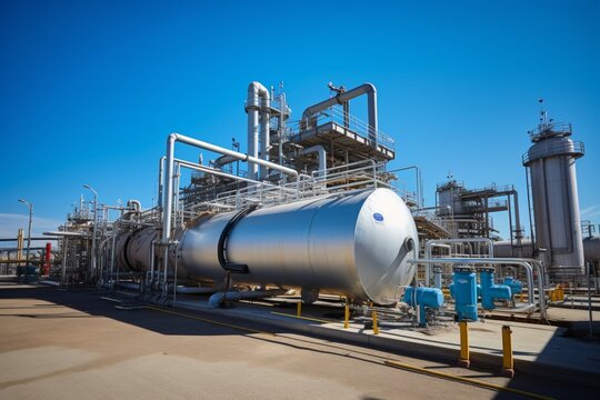 An imposing fuel tank tower over the complex piping system in a bustling industrial zone against a serene blue backdrop