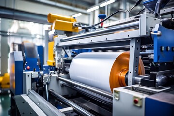 An operational laminating machine in a factory environment with rolls of laminate material ready for processing - obrazy, fototapety, plakaty