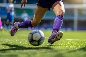 FClose-Up von ußballspieler mit rosa Trikot, lila Shorts und Stutzen, Fußball, erstellt mit generativer KI - obrazy, fototapety, plakaty