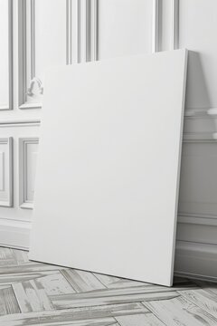 \blank poster frame mockup standing on laminate floor against a white wall, empty picture frame mockup, blank photo frame mock-up