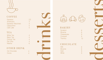 Cafe brochure vector, coffee shop menu design. Restaurant menu design. Drink and Dessert menu - obrazy, fototapety, plakaty
