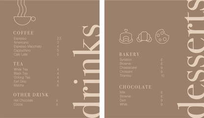 Cafe brochure vector, coffee shop menu design. Restaurant menu design. Drink and Dessert menu