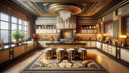 Art Deco style kitchen interior, capturing the essence of the Roaring Twenties with its lavish ornamentation, bold geometric shapes