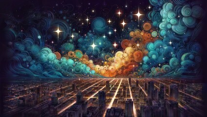 A mesmerizing digital artwork showcasing a cosmic vortex of swirling fractal patterns and celestial elements, emitting vibrant colors and radiant energy against a backdrop of a futuristic cityscape