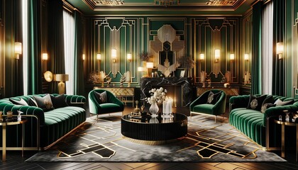 A glamorous Art Deco style living room featuring the elegance and extravagance of the era. The room is bathed in a palette of gold and emerald green - obrazy, fototapety, plakaty