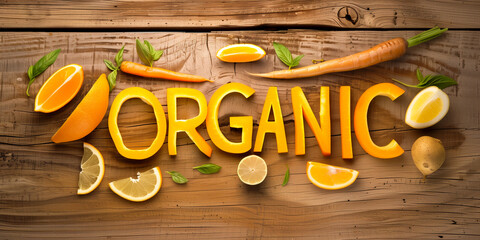 Orange vegetables and fruits forming the word "Organic" on a raw wooden table, advertising board concept.