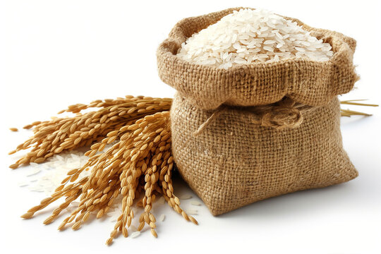 A Bundle of Rice Stalks and a Stack of Rice Bags Against a White Background