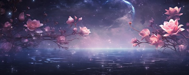 A black sky rose background light water and stars