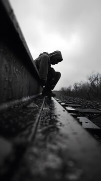 person sitting depressed in the rain