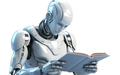 Robot reading a news paper, Robot Reading Isolated on Transparent background.