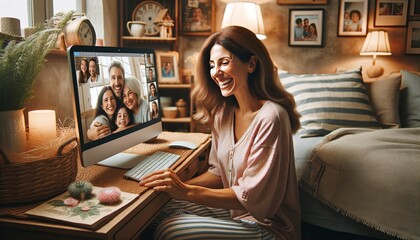 Mother's Day Concept. Mother receiving a surprise video call from her family, expressing love and gratitude with virtual hugs and smiles. - obrazy, fototapety, plakaty