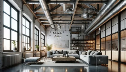 Foto op Canvas industrial style living room with no people, capturing the essence of an urban loft. The space features a high ceiling with exposed beams © Alex Bayev