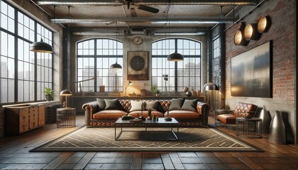 industrial style living room with no people, capturing the essence of an urban loft. The space...