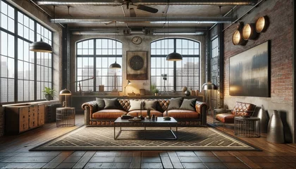 Foto op Canvas industrial style living room with no people, capturing the essence of an urban loft. The space features a high ceiling with exposed beams © Alex Bayev