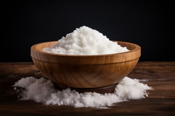 Natural Salt wooden bowl. Sea bowl mineral spice crystals. Generate Ai