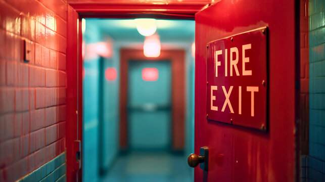 Red fire exit door for emergency evacuation in the office building interior. Escape from the danger, security hallway, nobody, copy space, text space