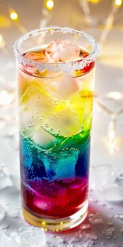 A rainbow cocktail on the rocks in a riot of vibrant, layered colors. A cocktail with crystal clear ice in a refreshing touch to the rainbow-colored mix.