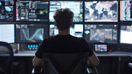 Man sitting in a control office room full of monitors on the table with world map on the large display screen. Network surveillance center, technical support, global satellite dispatch tracking