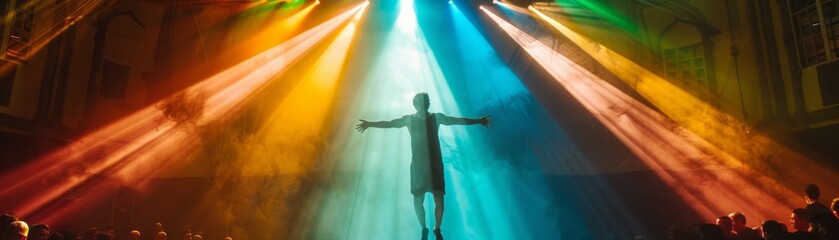 An acrobat performing under a spotlight that cycles through colors, casting dramatic, moving shadows
