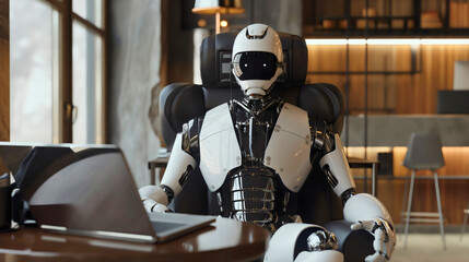 Robot machine wearing an elegant suit, sitting in office and working on the laptop placed on the desk or table. Ai artificial intelligence, futuristic automated employment concept, human competitors