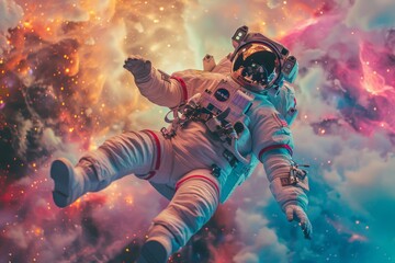 An astronaut floating with a bright pink space suit near a vividly colored nebula, holding a holographic map