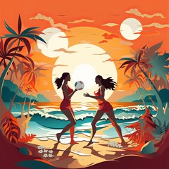 Beach volleyball scene in paper cut vibrant minimalist style dynamic player silhouettes