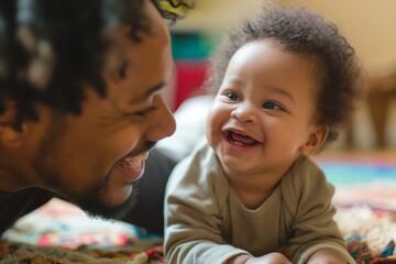 Obraz premium Heartwarming moment of a smiling father and baby playing together indoors