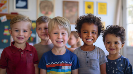 Five happy, diverse and multiethnic preschool boys standing in the daycare room interior, smiling at the camera. Toddler male children playing together, group of friends in the nursery, education