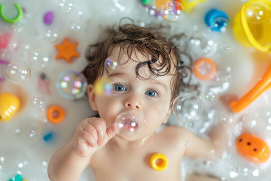 Playful young child enjoying a bubble bath surrounded by colorful toys