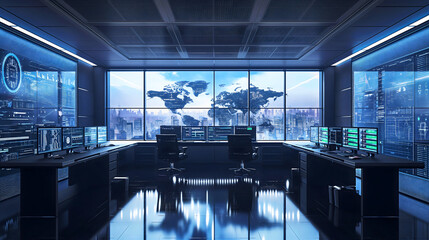 Control office room full of monitors on the table or desk with world map on the large display screen on the wall. Network surveillance, monitoring center, technical support, logistics,server station