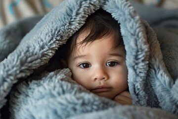 Close-up of a cute toddler wrapped in a soft grey blanket with expressive eyes