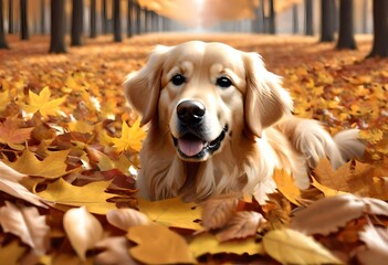 golden dog in autumn park