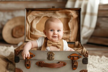 Cute baby with a bow tie smiling from an open retro suitcase - Powered by Adobe
