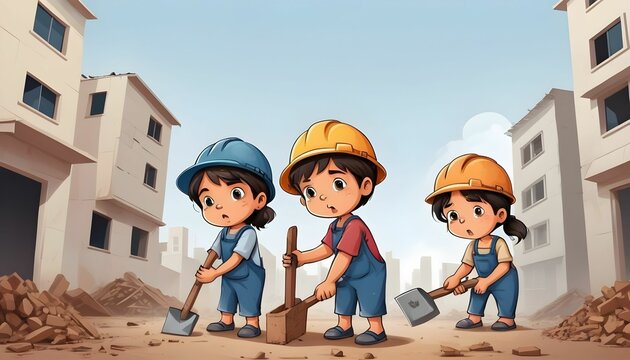 World day against child labor illustration with children holding labor tools and doing labor work with sorrow face