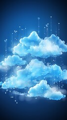 Cloud computing concept fluffy clouds with digital data streaming blue sky