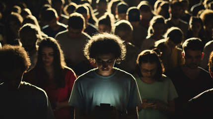Crowd group of many young people looking at their smartphones, generation z technology addiction social media internet scrolling, university teens using a device, texting and messaging, notifications