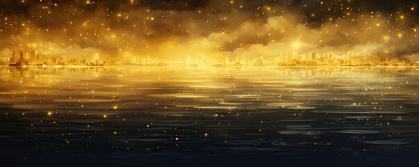 A black sky yellow background light water and stars