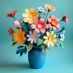 Colorful paper cut flowers in a vase, simplistic