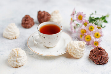 Delicious homemade meringue cookies with coconut flakes.