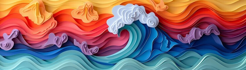 Colorful paper cut waves, minimalist surf, vibrant