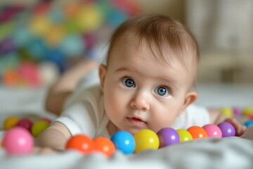 Cute infant with big blue eyes lies on a bed surrounded by multicolored play balls