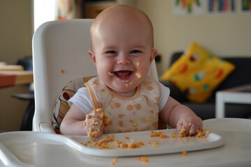 Laughing baby with food on face sitting in a high chair, having fun during mealtime
