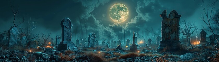 Zombies rising as a magical moon illuminates forgotten graves, eerie silence, wide shot, macabre rebirth - obrazy, fototapety, plakaty