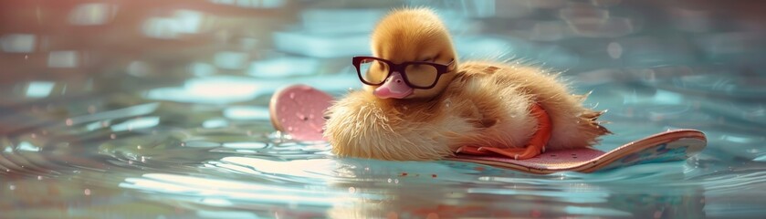 Duck sleeping, wearing glasses, with a skateboard, telephoto lens, underwater, vintage style, pink