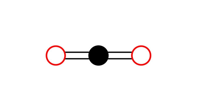 carbon dioxide molecule, structural chemical formula, ball-and-stick model, isolated image trace gas