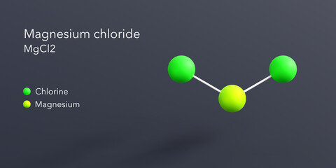 magnesium chloride molecule 3d rendering, flat molecular structure with chemical formula and atoms color coding