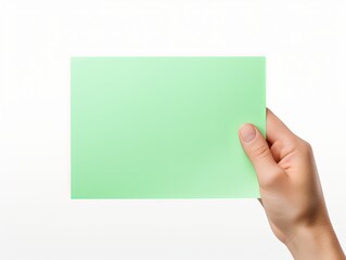 A hand holding a green paper isolated on white background