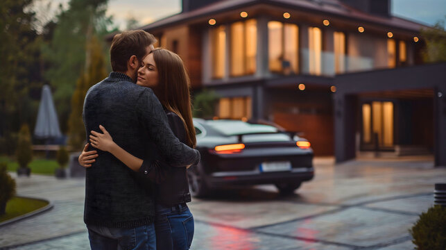 Man and woman hugged, couple hugging each other, standing in front of the big luxury house and expensive shiny white sports car parked on the driveway. Wealthy and rich family future plan, happy life