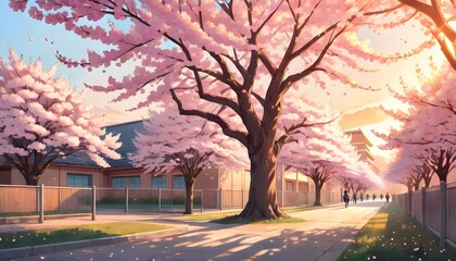 Illustration landscape of cherry blossoms tree in full bloom in the school yard During golden hour, warm glow. Generative AI - obrazy, fototapety, plakaty