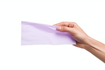 A hand holding a lilac paper isolated on white background